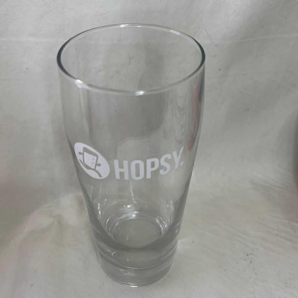 Hopsy Beer Glass Clear 16 Oz 2 3/4 Round 6 1/4 Tall White Lettering